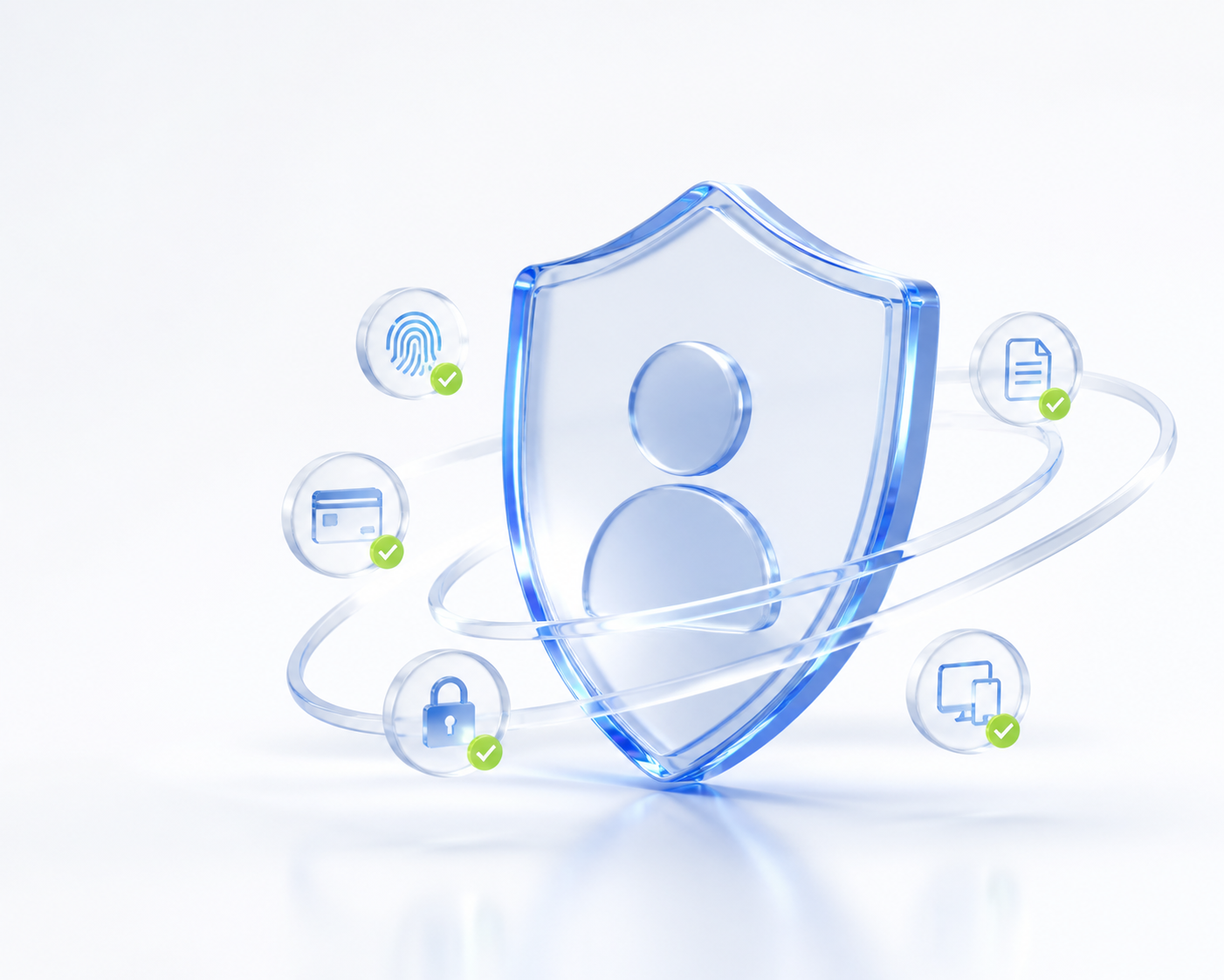 Glass Lucion Identity shield surrounded by security and identity signals